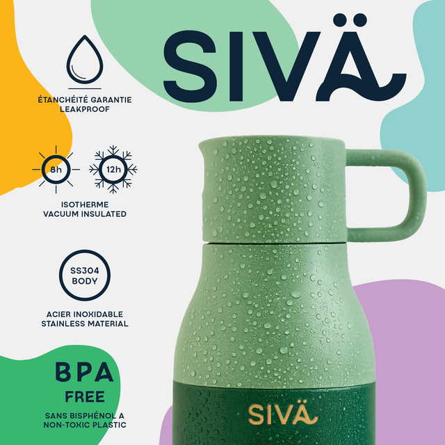 SIVÄ – Auslaufsichere und isolierte Wasserflasche | Robuste Edelstahl-Wasserflasche mit natürlichem Kohlefilter | Thermoflasche | 740 ml | 12 Std. kalt & 8 Std. heiß | Grün