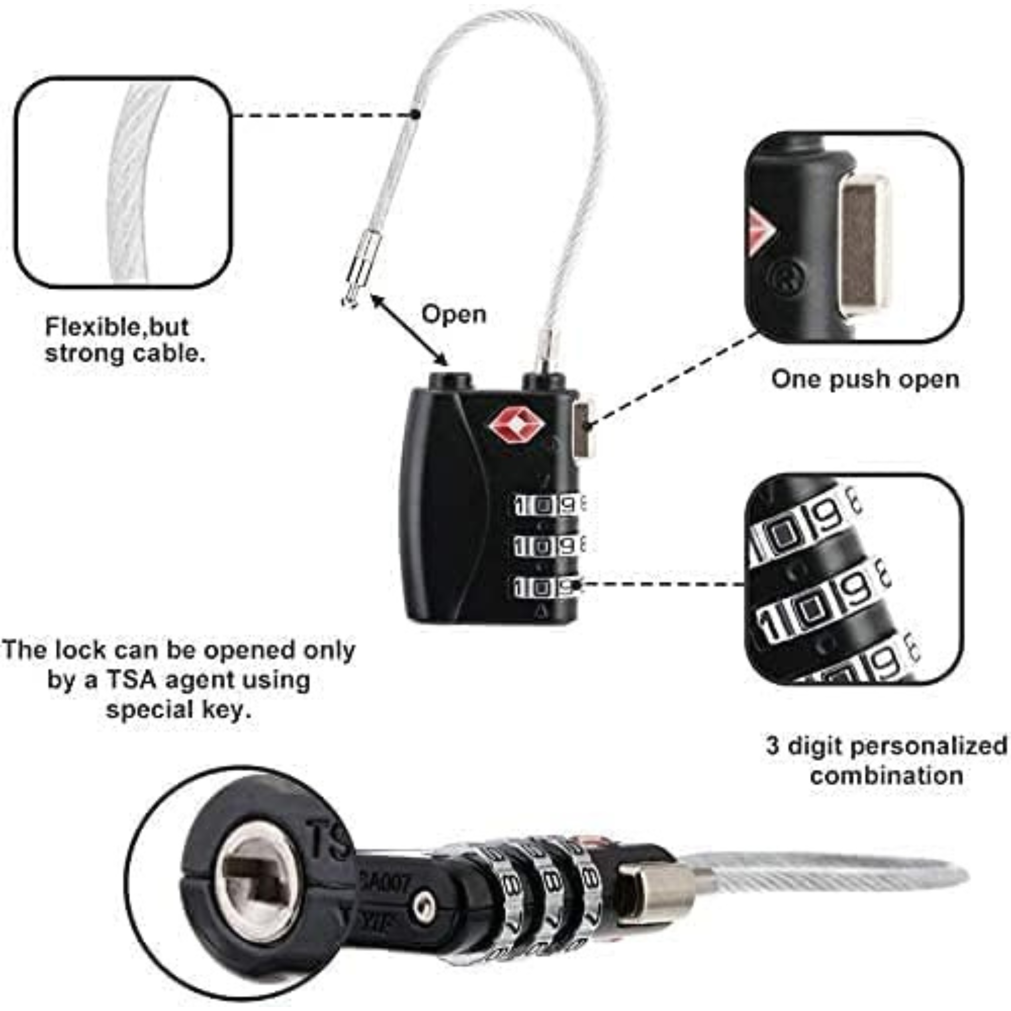TSA Luggage Lock | Combination Lock | Suitcase Lock | Ideal Protection for Your Baggage | Black